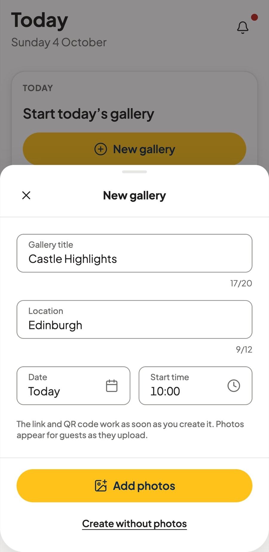 App screen: New gallery, titled Castle Highlights in Edinburgh, with Add photos