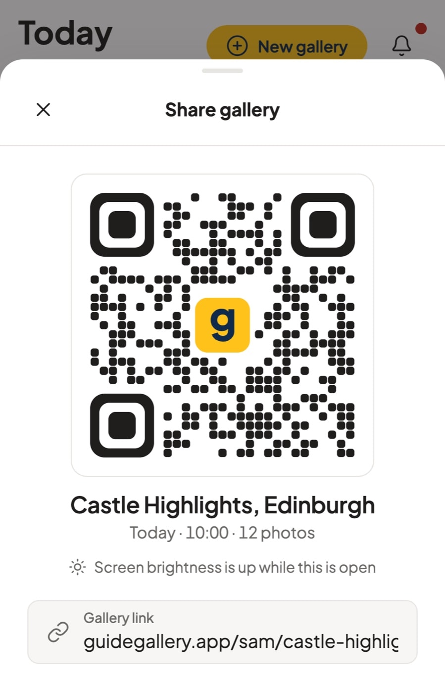 App screen: Share gallery for Castle Highlights, with a large QR code and the gallery link