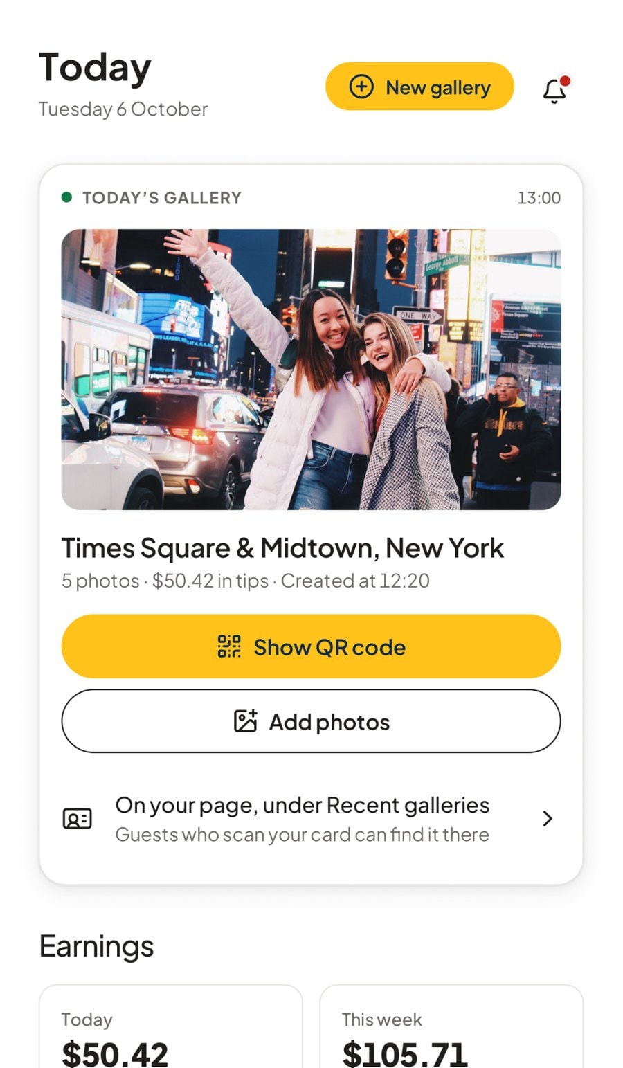 App screen: Today, with today's gallery Times Square and Midtown, New York, Show QR code and Add photos