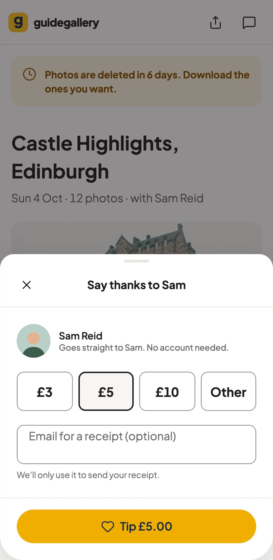 Guest screen: the Castle Highlights gallery with Say thanks to Sam and tip amounts
