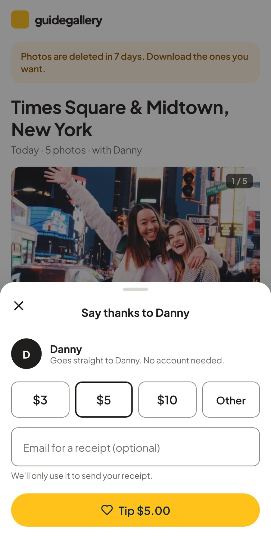 Guest screen: Say thanks to Danny, with $3, $5 and $10 tip amounts