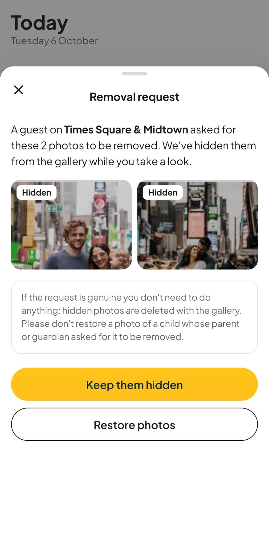 The guide's view of a removal request: two photos already hidden, with Keep them hidden as the main action